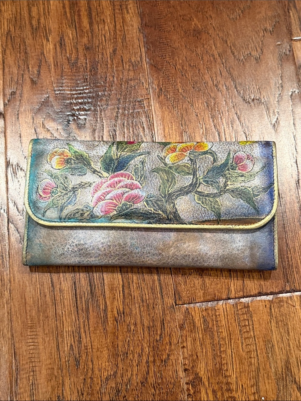 Jane Yoo Signed Floral Embossed Multicolor Leather Clutch Wallet